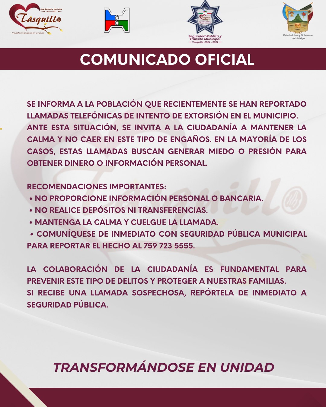 Alertan en Tasquillo por llamadas de intento de extorsión