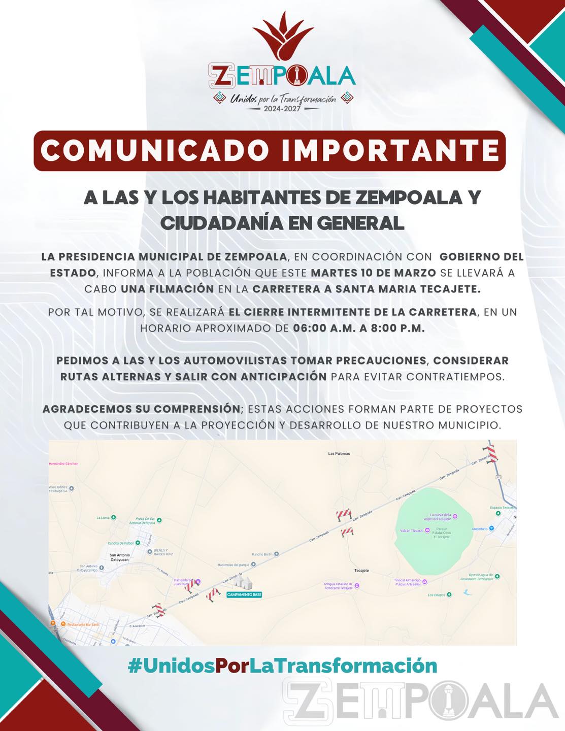 Anuncian cierre intermitente en carretera a Santa Maria Tecajete por filmación