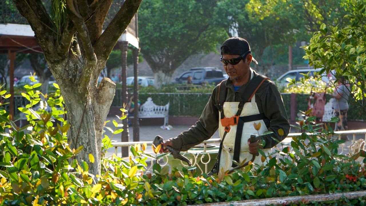 Refuerzan mantenimiento y limpieza del parque municipal de Huejutla